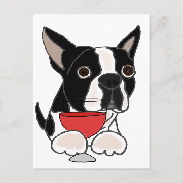 Funny Boston Terrier Hund Drinking Vin Art Vykort (Framsida)