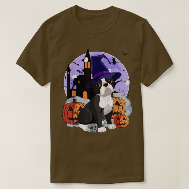 Funny Boston Terrier Hund Halloween Witch Pumpkin T Shirt (Design framsida)