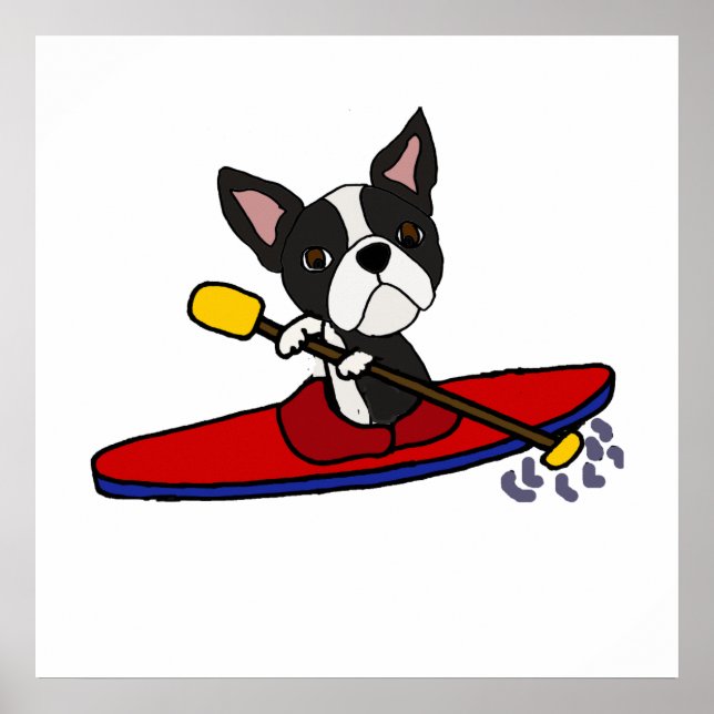 Funny Boston Terrier Hund Kayaking Tecknad Poster (Framsidan)