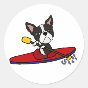 Funny Boston Terrier Hund Kayaking Tecknad Runt Klistermärke