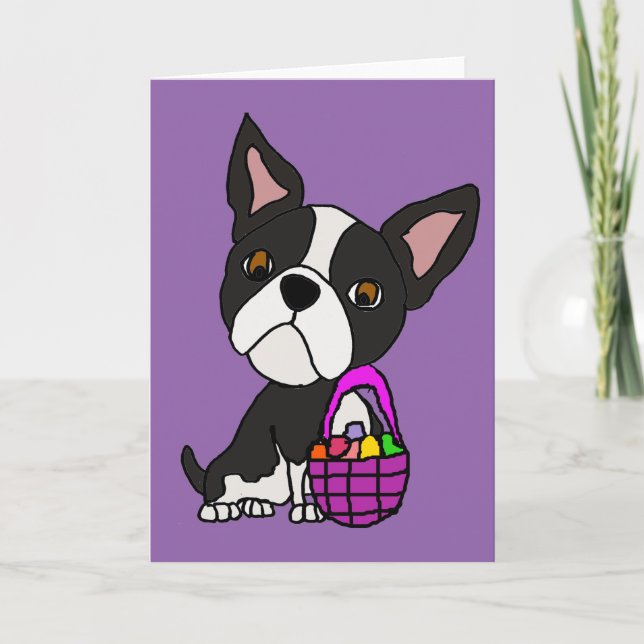 Funny Boston Terrier Hund med Påsk Basket Helgkort (Framsida)
