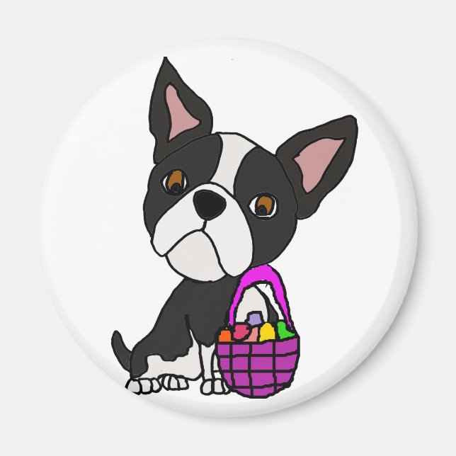 Funny Boston Terrier Hund med Påsk Basket Magnet (Framsidan)
