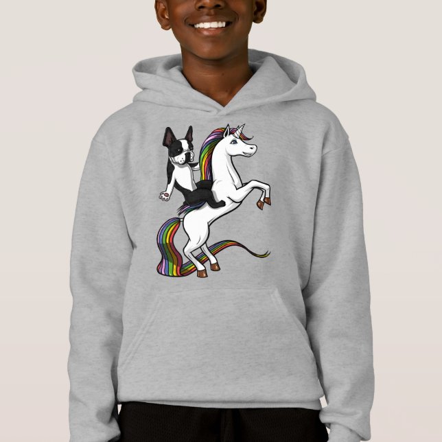 Funny Boston Terrier Hund Riding Unicorn T Shirt (Framsida)