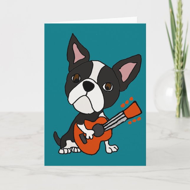 Funny Boston Terrier Hund spelar Guitar Art Kort (Framsida)