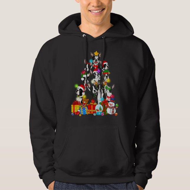 Funny Boston Terrier Julgran Ljus Puppy D Hoodie (Framsida)