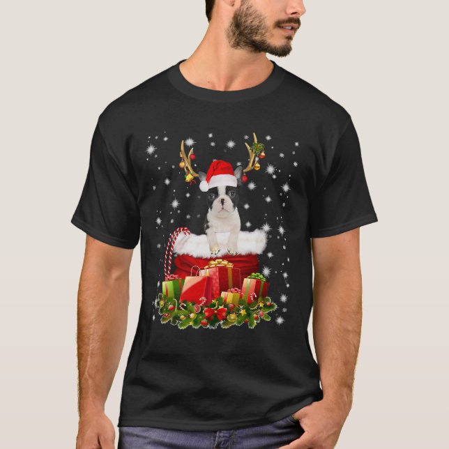 Funny Boston Terrier Reindeer in Santa Sack Box Co T Shirt (Framsida)