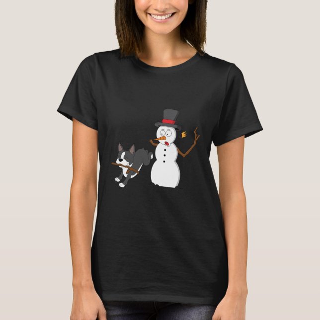 Funny Boston Terrier Snögubbe Stick Arm jul T Shirt (Framsida)