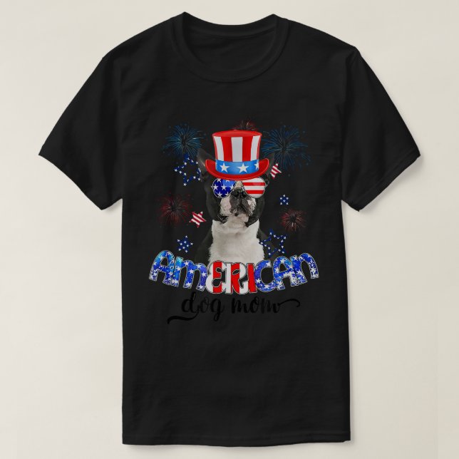 Funny Boston Terrier Wearing Sunglasses USA Flag 4 T Shirt (Design framsida)