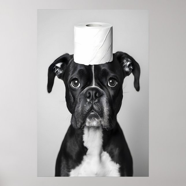 Funny Boxer Dog Bathroom Print, Toilet Paper Roll Poster (Framsidan)