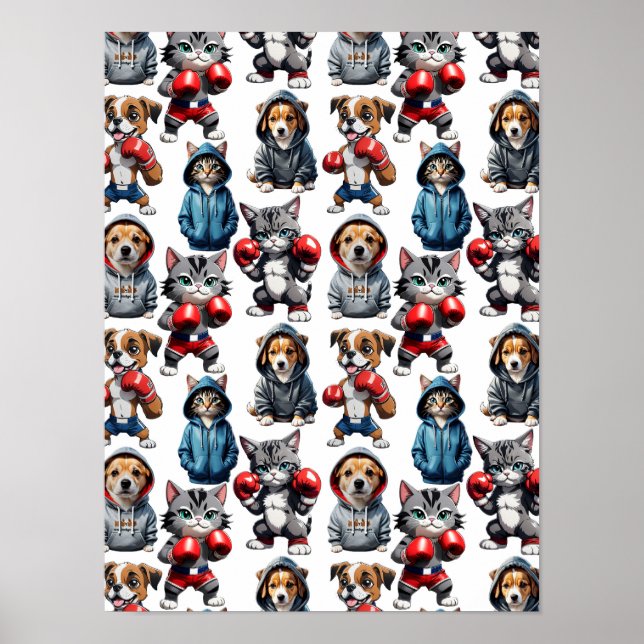 Funny Boxing Cat Hund Mönster Design Poster (Framsidan)