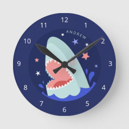 Funny Boy Shark Navy Blue Nautical Kids Namn Sea Rund Klocka