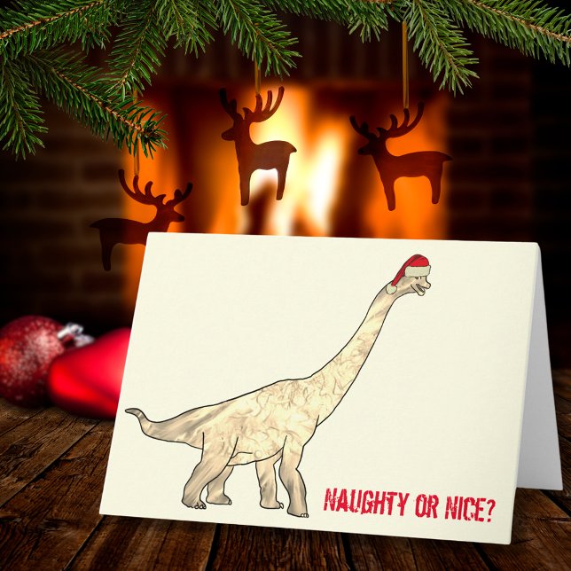 Funny Brachiosaurus Santa Dinosaur-juloffert Kort (Funny Christmas dinosaur wearing a Santa hat with naughty or nice quote)