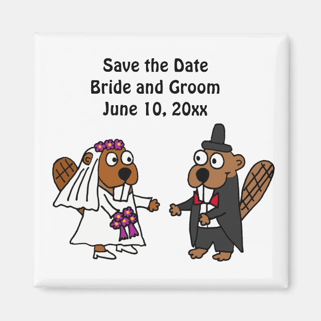 Funny Bride och Groom Beaver Bröllop Design Magnet (Framsidan)