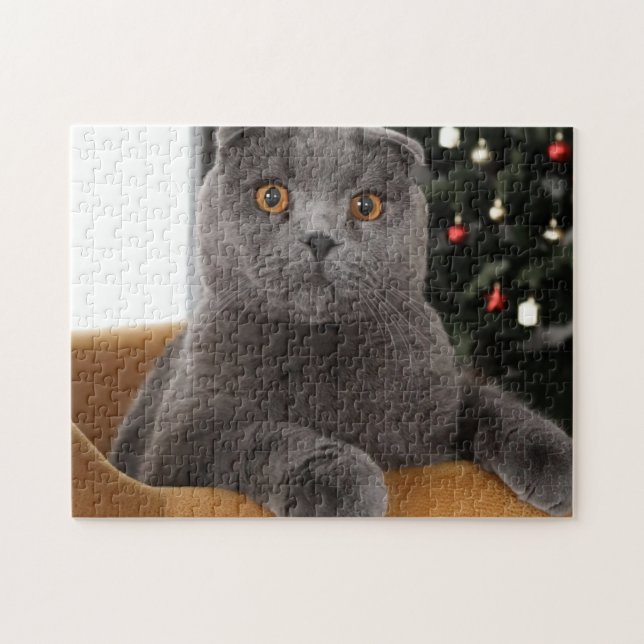 Funny brittisk katt och julgran pussel (Horisontell)