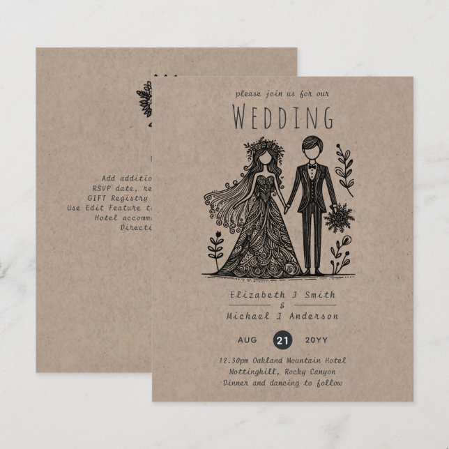 Funny Bröllop Tecknad Bride Groom Handritad (Fram/baksida)