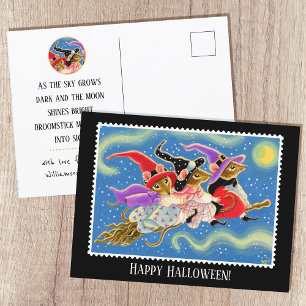 Funny Broomstick Mice Witch Mouse Halloween Roligt Vykort