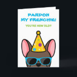 Funny Brown Fransk Bulldog Frenchie Birthday Card Kort<br><div class="desc">Om du känner någon som kärlek fransk bulldog och har bra känsla för humor, så är detta roliga födelsedagskort idealiskt att skicka till dem på deras speciella dag. Utformningen illustrerar tecknad-stil med en brun färgad-fransk-bulldog med en party hatt och solglasögon med texten "Pardon my frenchie! Hur gammal är du?" skriven...</div>