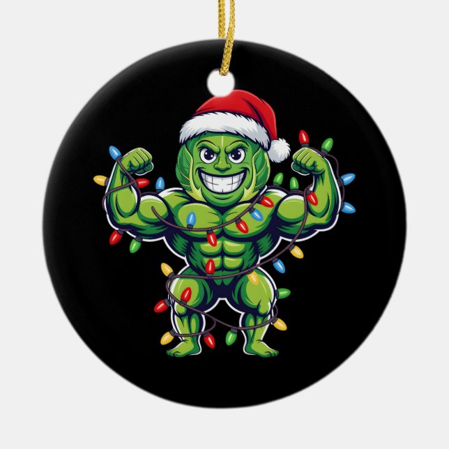 Funny Brussels Sprout Lifting Christmas Gym Lover Julgransprydnad Keramik (Framsidan)