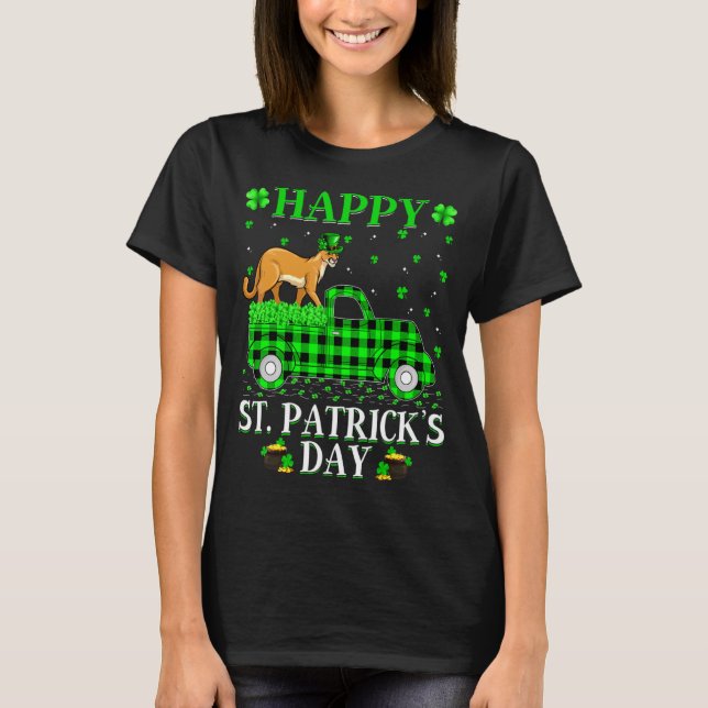 Funny Buffalo Plaid Green Truck Cougar St Patrick  T Shirt (Framsida)