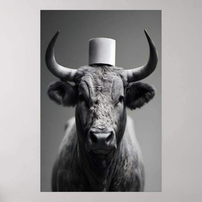 Funny Bull Bathroom Art Print, Toilet Paper Humor Poster (Framsidan)