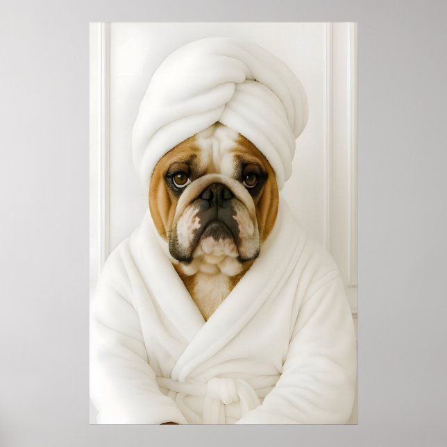 Funny Bulldog Bathroom Print, Bulldog In Bathrobe Poster (Framsidan)