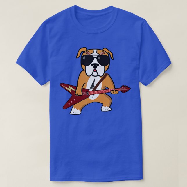 Funny Bulldog Rocker Hund spelar Guitar Sten Guita T Shirt (Design framsida)