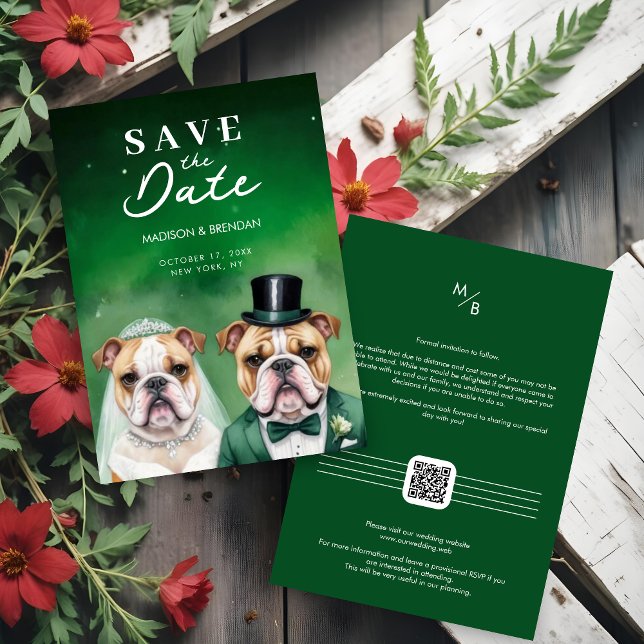 Funny Bulldog Wedding Couple Cartoon Green Shades Spara Datumet (Funny Bulldog Wedding Couple Cartoon Save the Dates Cards in Green Shades. )