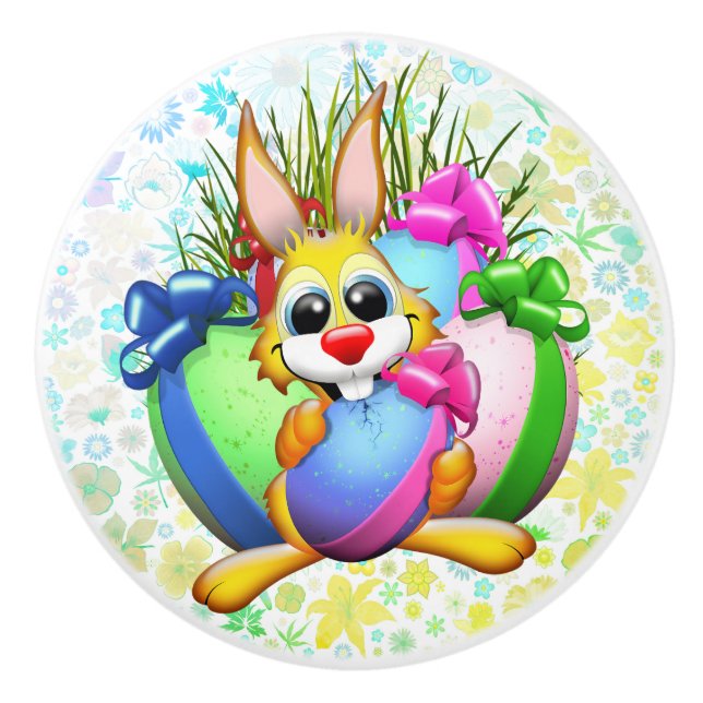Funny Bunny biting an Easter Egg Knopp (Framsidan)