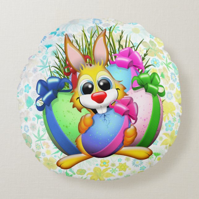 Funny Bunny biting an Easter Egg Rund Kudde (Framsidan)