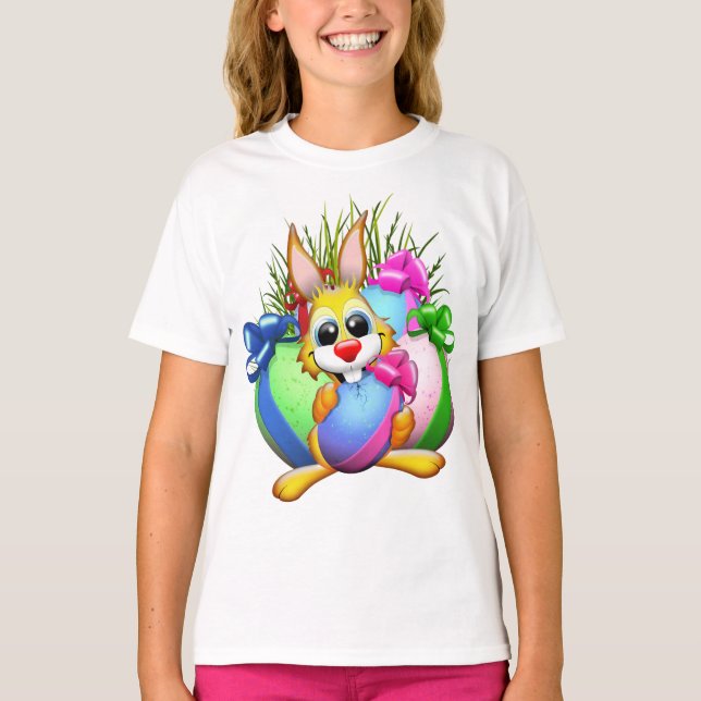 Funny Bunny biting an Easter Egg T Shirt (Framsida)