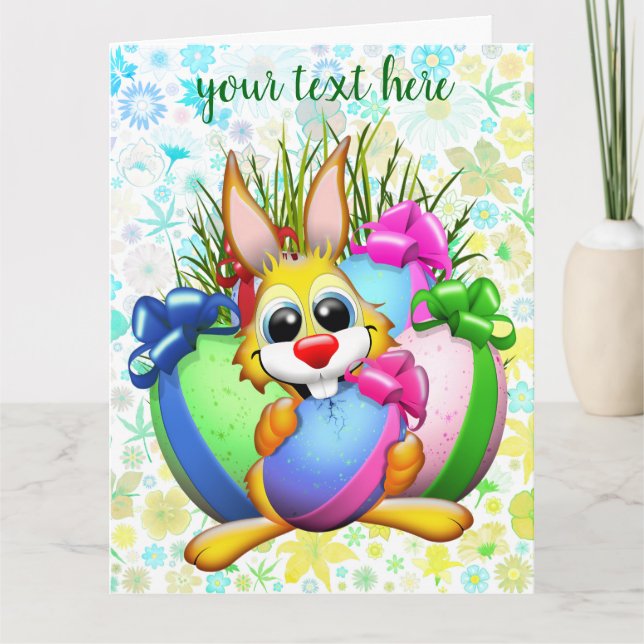 Funny Bunny biting an Easter Egg Tack Kort (Framsida)