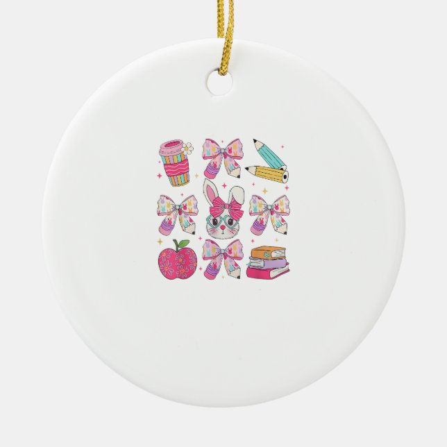 Funny Bunny Coquette Bow Rabbit Teacher Easter Ret Julgransprydnad Keramik (Framsidan)