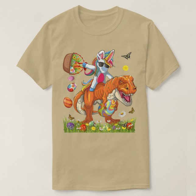 Funny Bunny Riding Dinosaur Holding Egg Basket Eas T Shirt (Design framsida)