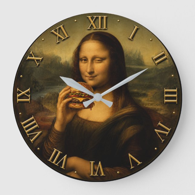 Funny Burger Mona Lisa Classic Art Meets Fast Food Stor Klocka (Framsida)