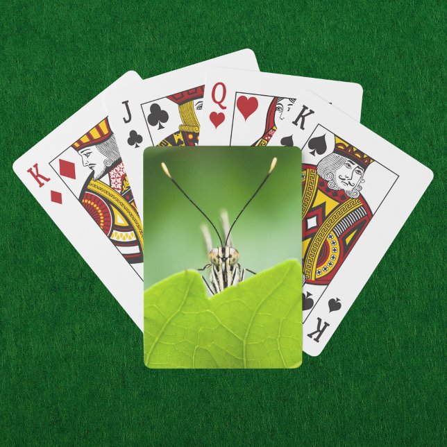 Funny Butterfly Peeks över Löv Casinokort (A curious butterfly peeks over a vibrant green leaf on these nature inspired playing cards. )