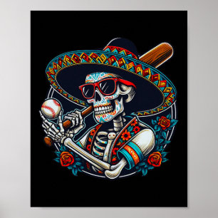 Funny Bysebyll Skeleton Mexican Sombrero Coola Cin Poster