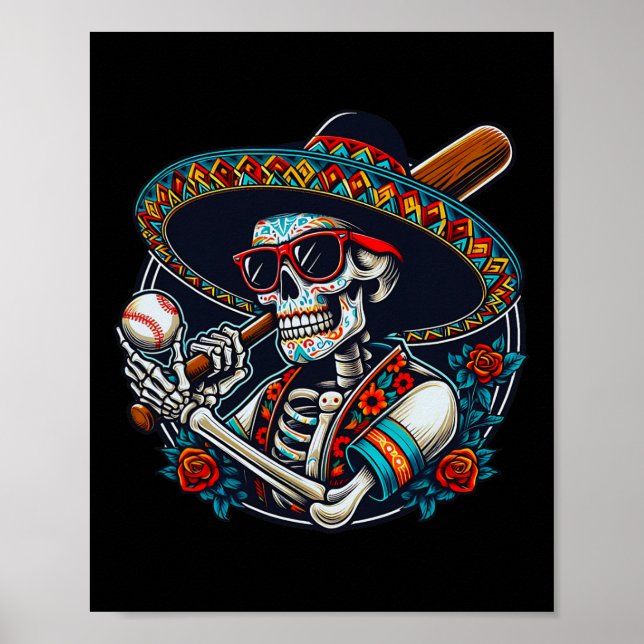 Funny Bysebyll Skeleton Mexican Sombrero Coola Cin Poster (Framsidan)