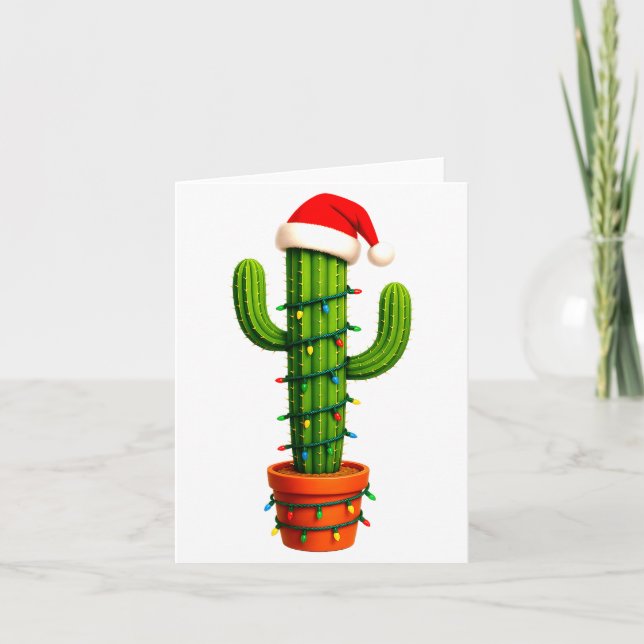 Funny Cactus Santa Hat Xmas Tree Lights Merry Chri Kort (Framsida)