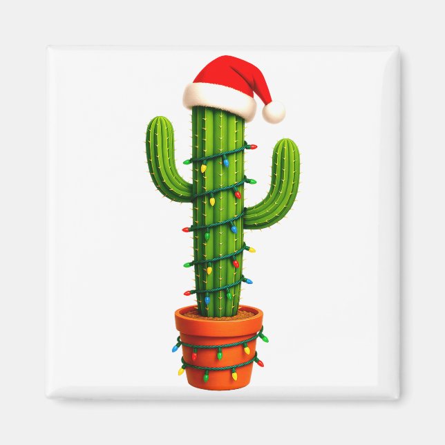 Funny Cactus Santa Hat Xmas Tree Lights Merry Chri Magnet (Framsidan)