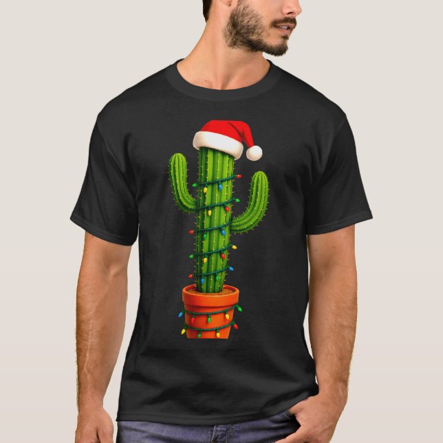 Funny Cactus Santa Hat Xmas Tree Lights Merry Chri T Shirt (Framsida)