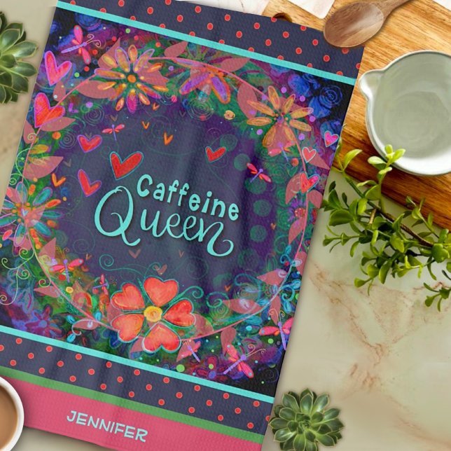 Funny Caffeine Queen Quote Blommigt Heart Namn Kökshandduk (Skapare uppladdad)