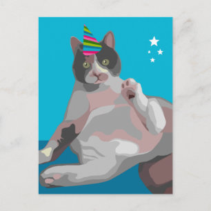 Funny Calico Cat i Födelsedagsfest Hat Inbjudan Vykort