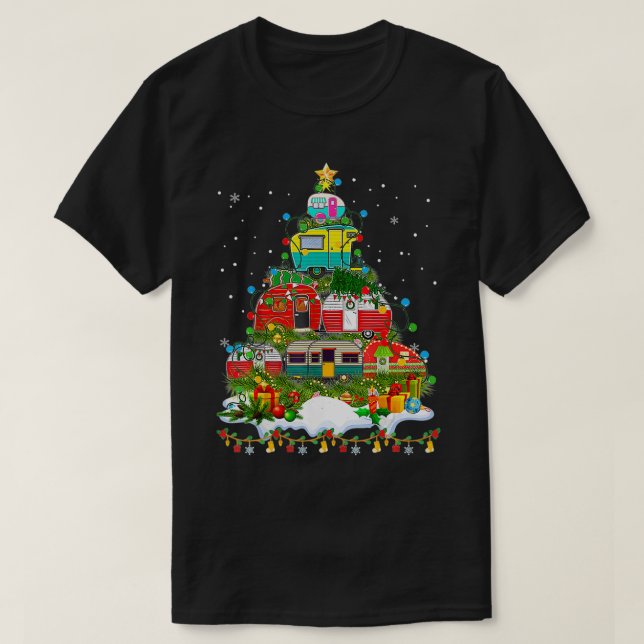 Funny Camping God jul Träd Camper Snögubbe T Shirt (Design framsida)