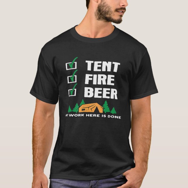 Funny Camping Slogan Tält Fire Beer Checklist - ar T Shirt (Framsida)