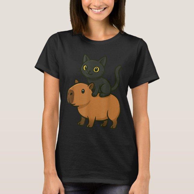 Funny Capybara Black Cat Animal Lover Mamma Pappa  T Shirt (Framsida)