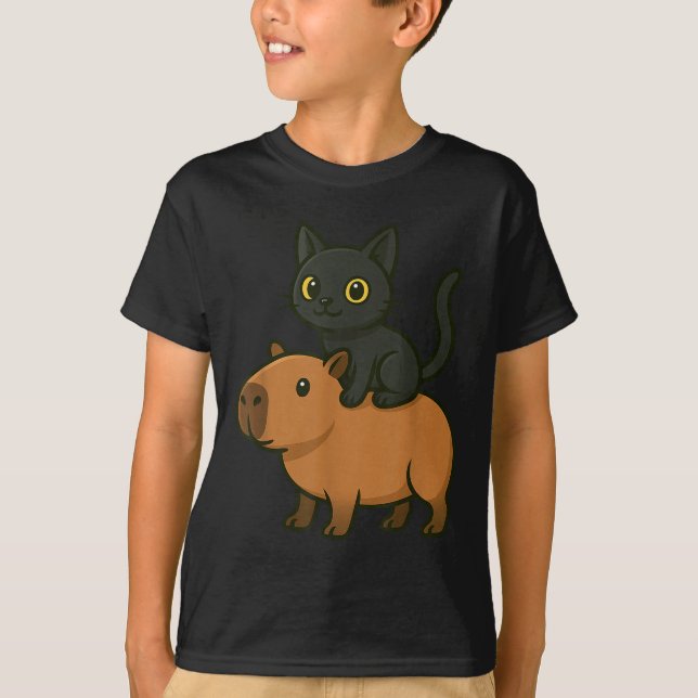 Funny Capybara Black Cat Animal Lover Mamma Pappa  T Shirt (Framsida)