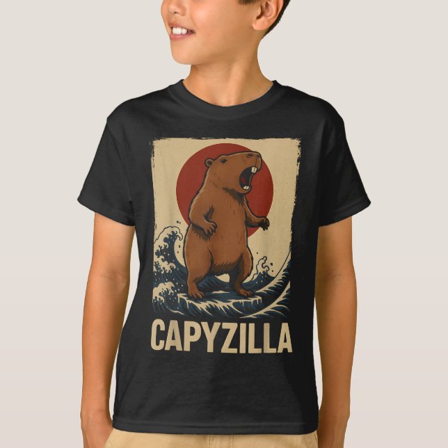 Funny Capybara Boys Girls Kids Manar Capyzilla T Shirt (Framsida)