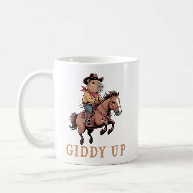 Funny Capybara Cowboy Riding Horse Giddy Up Kaffemugg (Vänster)