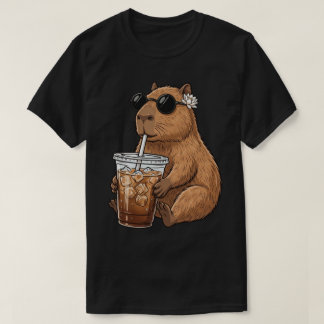 Funny Capybara Drinking Iced Coffee Cute Chill  T Shirt