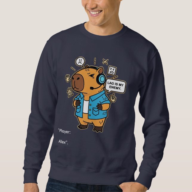 Funny Capybara Gamer T-Shirt – Personalized with G Lång Ärmad Tröja (Framsida)